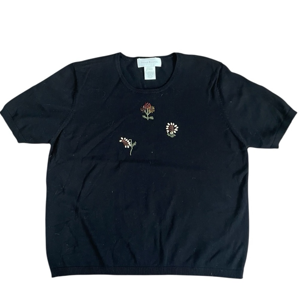 Vintage Susan Bristol Beaded Knit Cottagecore Flower Garden Sweater Large Black